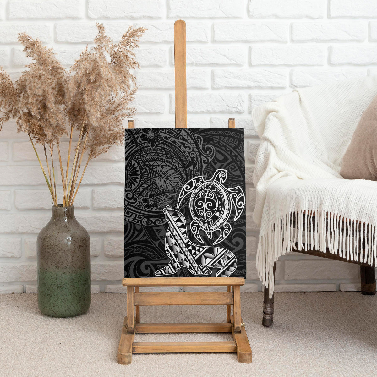 Hawaii Monk Seal and Dolphin Canvas Wall Art Polynesian Kakau Pattern Black White Color