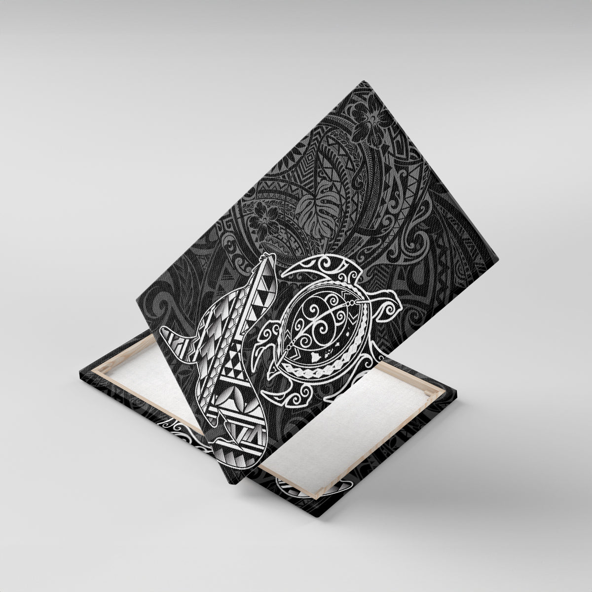 Hawaii Monk Seal and Dolphin Canvas Wall Art Polynesian Kakau Pattern Black White Color