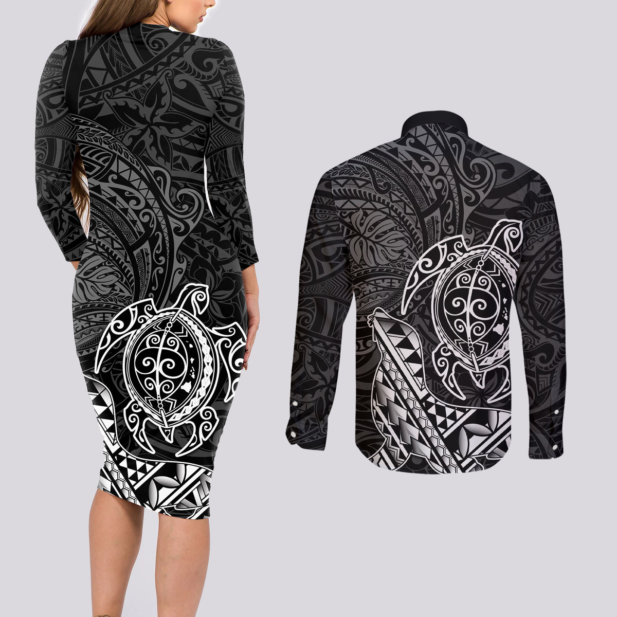 Hawaii Monk Seal and Dolphin Couples Matching Long Sleeve Bodycon Dress and Long Sleeve Button Shirt Polynesian Kakau Pattern Black White Color
