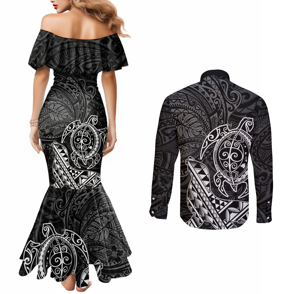 Hawaii Monk Seal and Dolphin Couples Matching Mermaid Dress and Long Sleeve Button Shirt Polynesian Kakau Pattern Black White Color