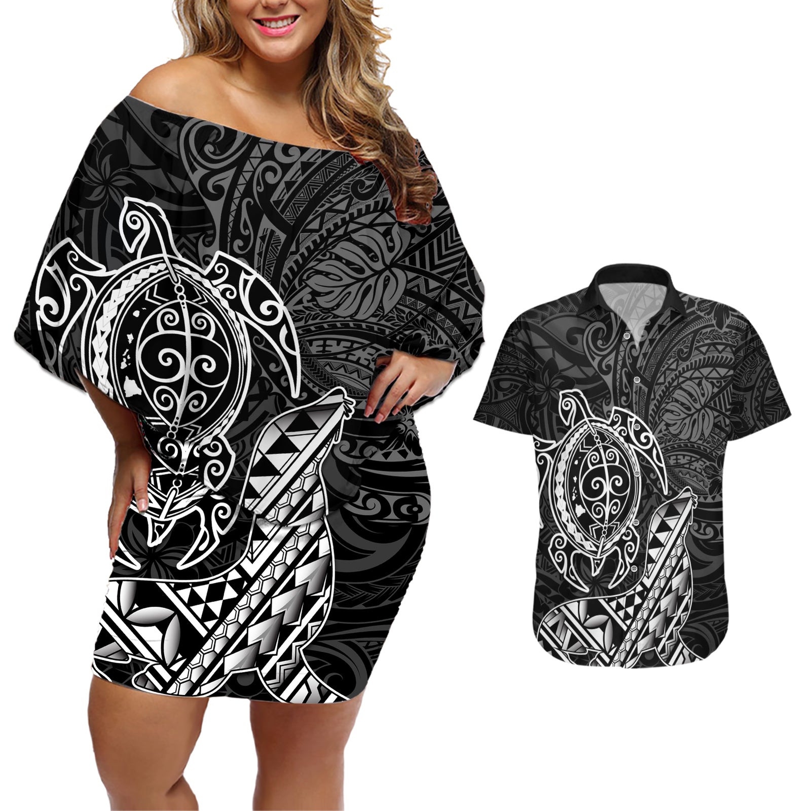Hawaii Monk Seal and Dolphin Couples Matching Off Shoulder Short Dress and Hawaiian Shirt Polynesian Kakau Pattern Black White Color