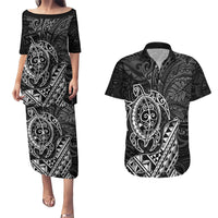 Hawaii Monk Seal and Dolphin Couples Matching Puletasi and Hawaiian Shirt Polynesian Kakau Pattern Black White Color