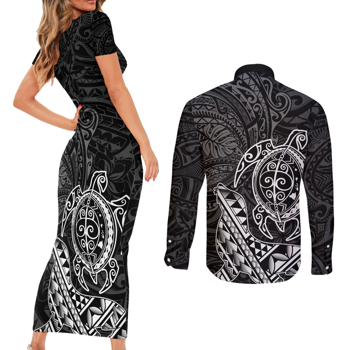 Hawaii Monk Seal and Dolphin Couples Matching Short Sleeve Bodycon Dress and Long Sleeve Button Shirt Polynesian Kakau Pattern Black White Color