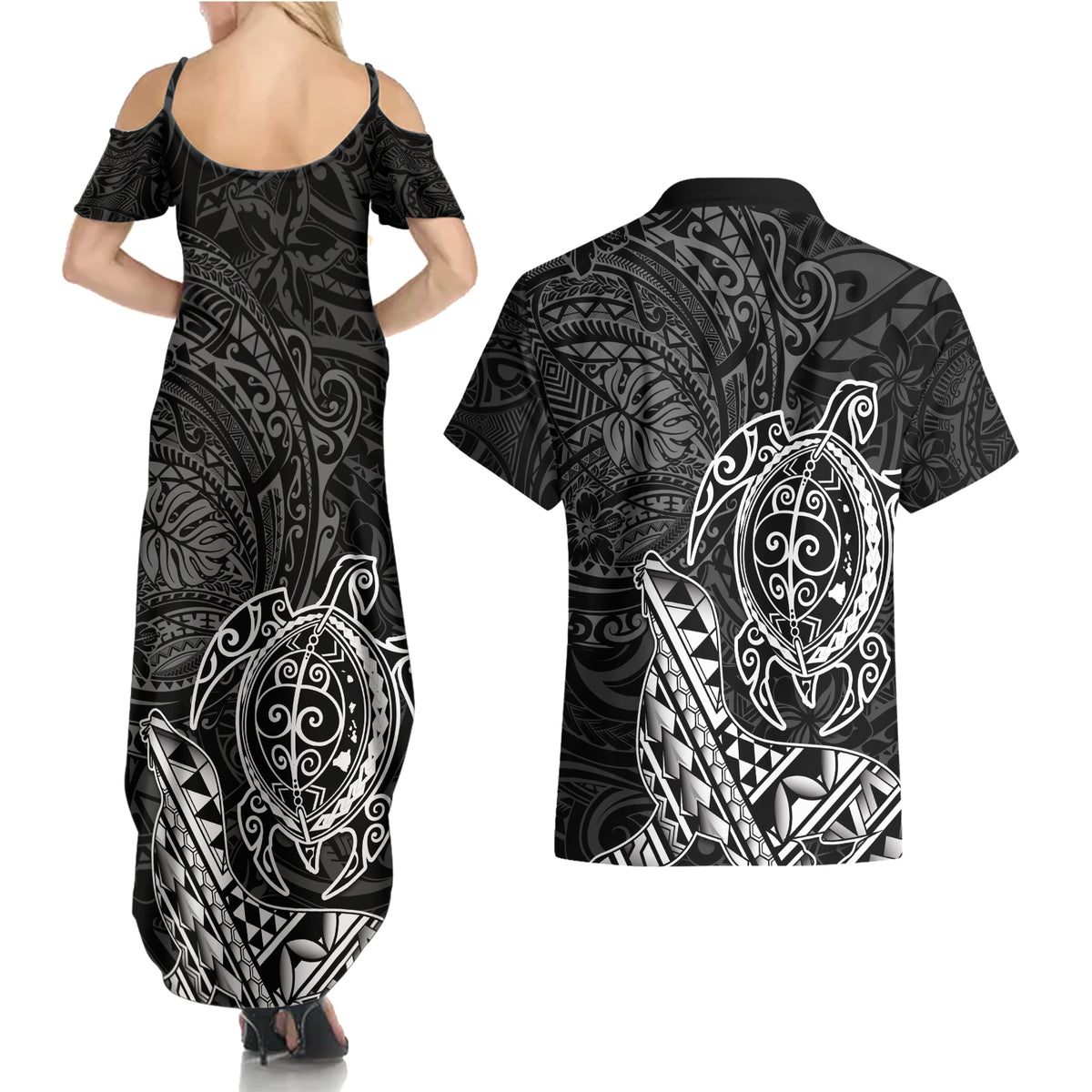 Hawaii Monk Seal and Dolphin Couples Matching Summer Maxi Dress and Hawaiian Shirt Polynesian Kakau Pattern Black White Color