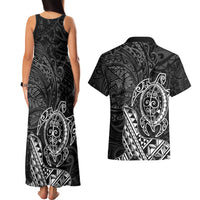 Hawaii Monk Seal and Dolphin Couples Matching Tank Maxi Dress and Hawaiian Shirt Polynesian Kakau Pattern Black White Color