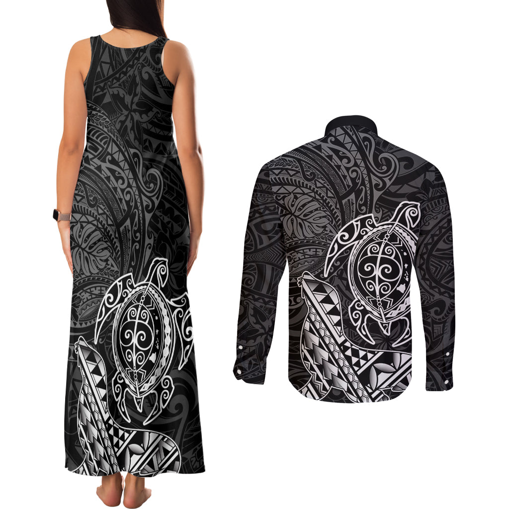 Hawaii Monk Seal and Dolphin Couples Matching Tank Maxi Dress and Long Sleeve Button Shirt Polynesian Kakau Pattern Black White Color