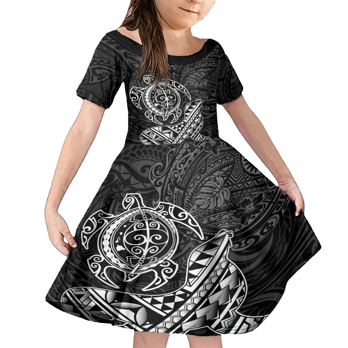 Hawaii Monk Seal and Dolphin Family Matching Long Sleeve Bodycon Dress and Hawaiian Shirt Polynesian Kakau Pattern Black White Color LT03 Daughter's Dress Black - Polynesian Pride