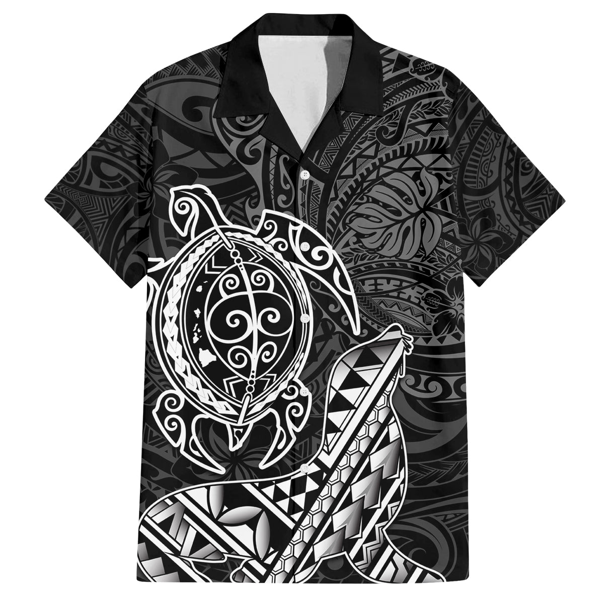 Hawaii Monk Seal and Dolphin Family Matching Long Sleeve Bodycon Dress and Hawaiian Shirt Polynesian Kakau Pattern Black White Color LT03 Dad's Shirt - Short Sleeve Black - Polynesian Pride