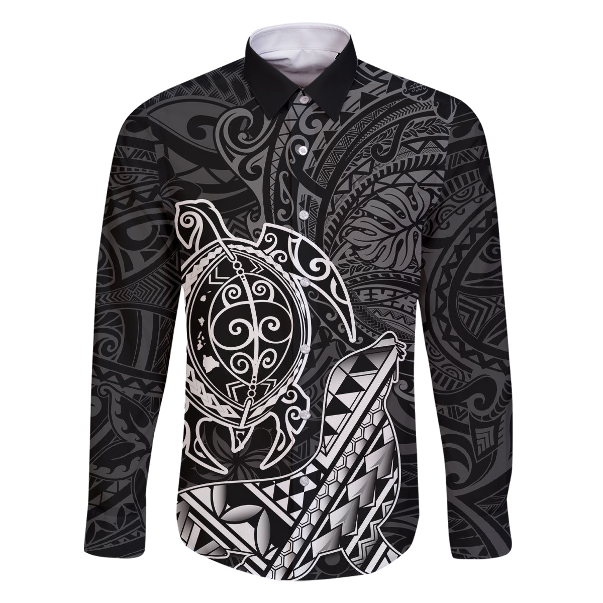 Hawaii Monk Seal and Dolphin Family Matching Long Sleeve Bodycon Dress and Hawaiian Shirt Polynesian Kakau Pattern Black White Color LT03 Dad's Shirt - Long Sleeve Black - Polynesian Pride