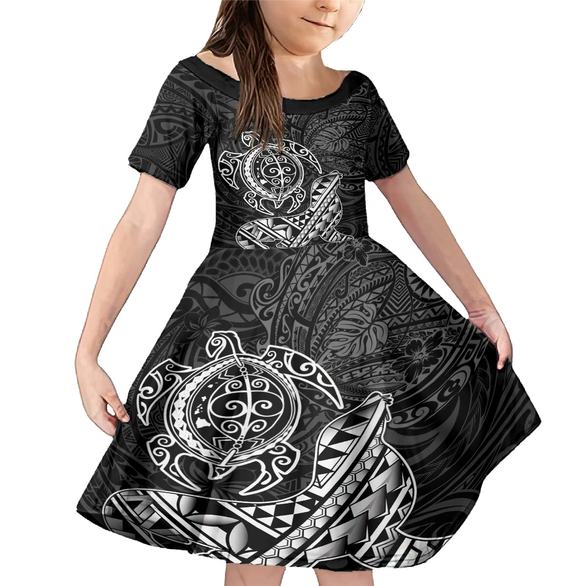 Hawaii Monk Seal and Dolphin Family Matching Mermaid Dress and Hawaiian Shirt Polynesian Kakau Pattern Black White Color