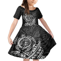 Hawaii Monk Seal and Dolphin Family Matching Mermaid Dress and Hawaiian Shirt Polynesian Kakau Pattern Black White Color