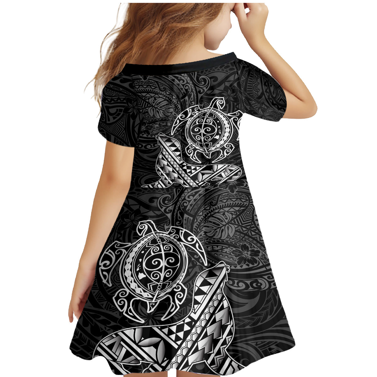 Hawaii Monk Seal and Dolphin Family Matching Mermaid Dress and Hawaiian Shirt Polynesian Kakau Pattern Black White Color