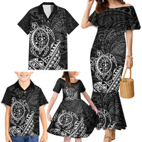 Hawaii Monk Seal and Dolphin Family Matching Mermaid Dress and Hawaiian Shirt Polynesian Kakau Pattern Black White Color