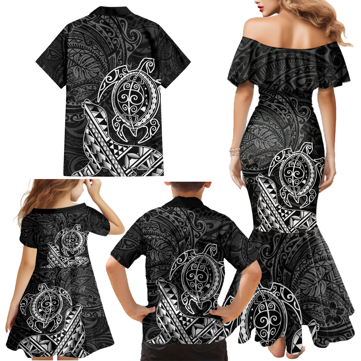 Hawaii Monk Seal and Dolphin Family Matching Mermaid Dress and Hawaiian Shirt Polynesian Kakau Pattern Black White Color
