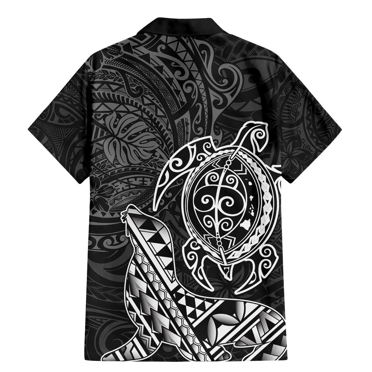 Hawaii Monk Seal and Dolphin Family Matching Mermaid Dress and Hawaiian Shirt Polynesian Kakau Pattern Black White Color