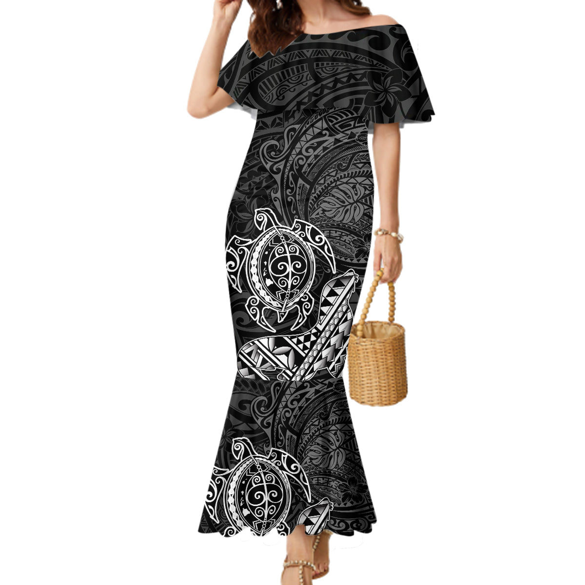 Hawaii Monk Seal and Dolphin Family Matching Mermaid Dress and Hawaiian Shirt Polynesian Kakau Pattern Black White Color