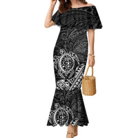 Hawaii Monk Seal and Dolphin Family Matching Mermaid Dress and Hawaiian Shirt Polynesian Kakau Pattern Black White Color