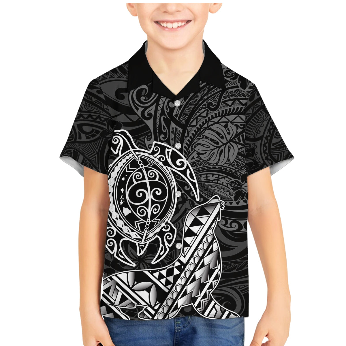 Hawaii Monk Seal and Dolphin Family Matching Mermaid Dress and Hawaiian Shirt Polynesian Kakau Pattern Black White Color