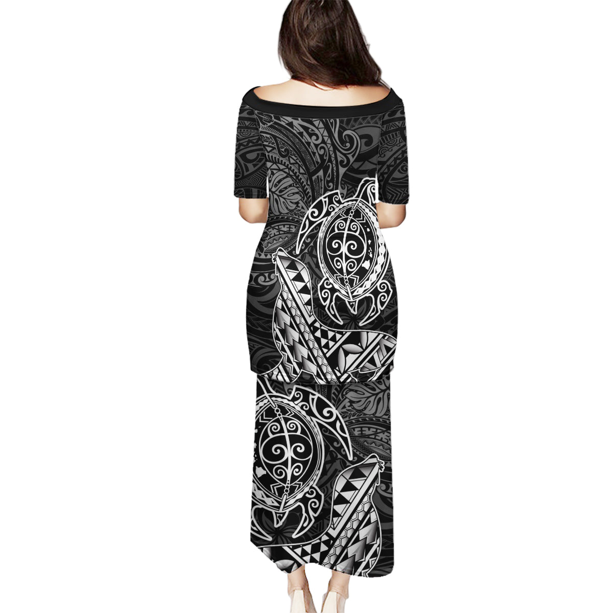Hawaii Monk Seal and Dolphin Family Matching Puletasi and Hawaiian Shirt Polynesian Kakau Pattern Black White Color
