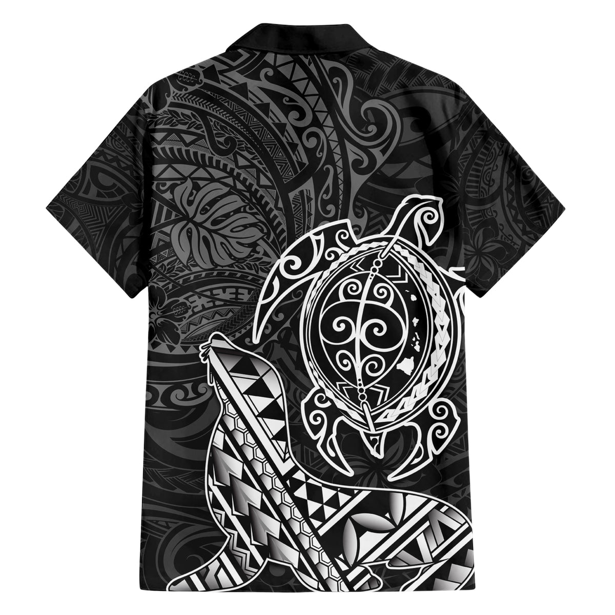 Hawaii Monk Seal and Dolphin Family Matching Short Sleeve Bodycon Dress and Hawaiian Shirt Polynesian Kakau Pattern Black White Color