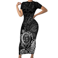 Hawaii Monk Seal and Dolphin Family Matching Short Sleeve Bodycon Dress and Hawaiian Shirt Polynesian Kakau Pattern Black White Color