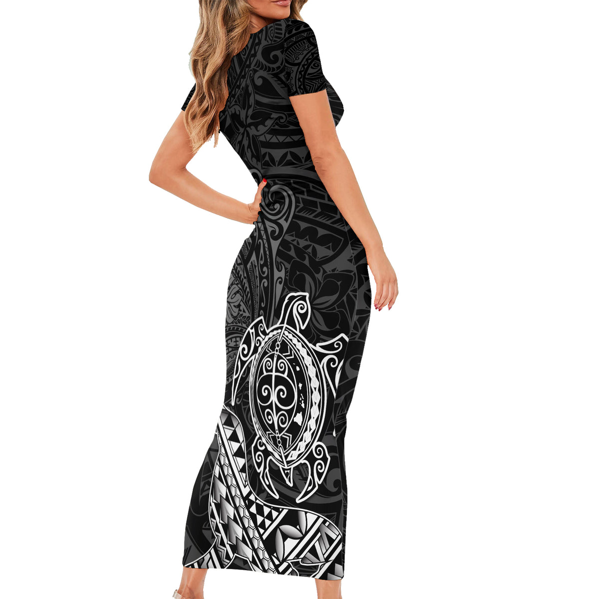 Hawaii Monk Seal and Dolphin Family Matching Short Sleeve Bodycon Dress and Hawaiian Shirt Polynesian Kakau Pattern Black White Color