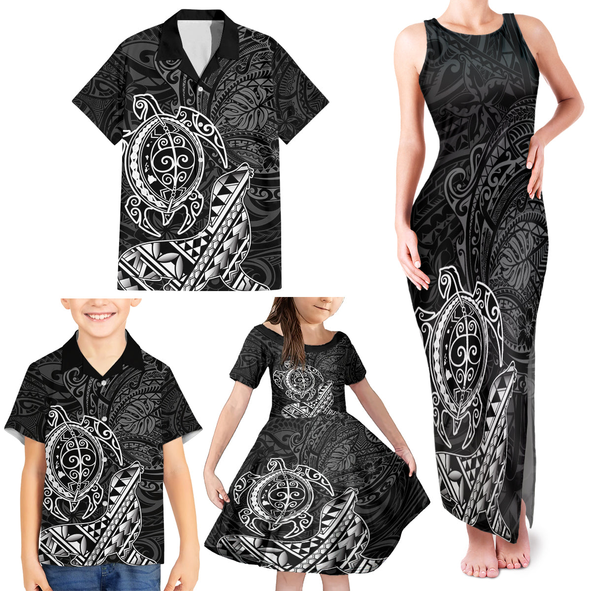Hawaii Monk Seal and Dolphin Family Matching Tank Maxi Dress and Hawaiian Shirt Polynesian Kakau Pattern Black White Color