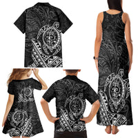 Hawaii Monk Seal and Dolphin Family Matching Tank Maxi Dress and Hawaiian Shirt Polynesian Kakau Pattern Black White Color