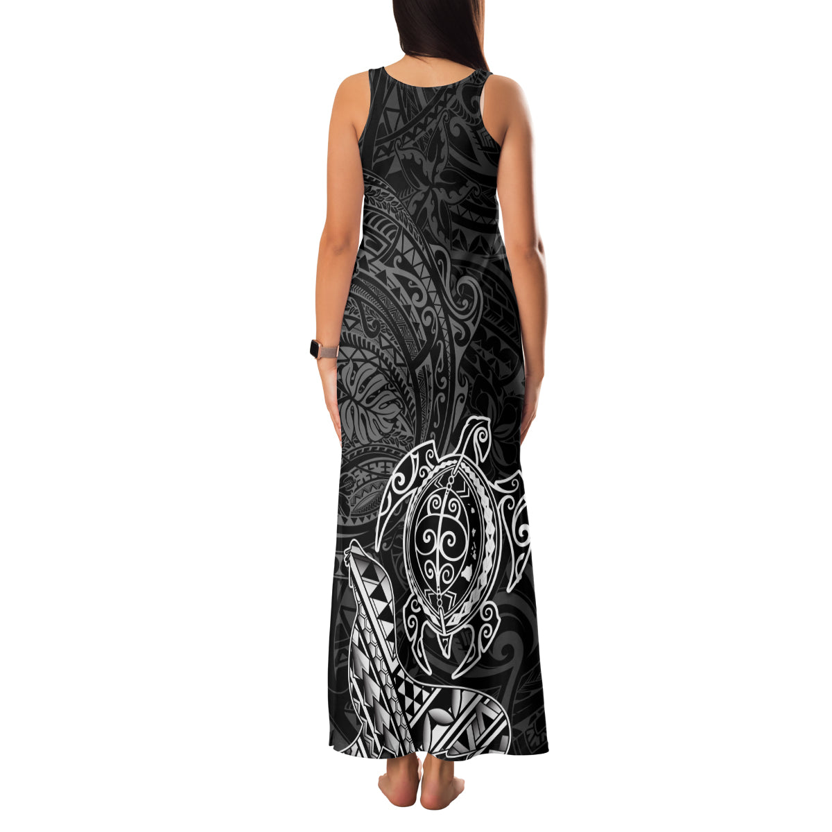 Hawaii Monk Seal and Dolphin Family Matching Tank Maxi Dress and Hawaiian Shirt Polynesian Kakau Pattern Black White Color