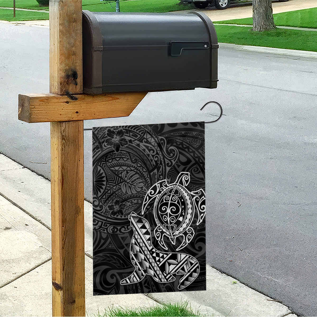 Hawaii Monk Seal and Dolphin Garden Flag Polynesian Kakau Pattern Black White Color