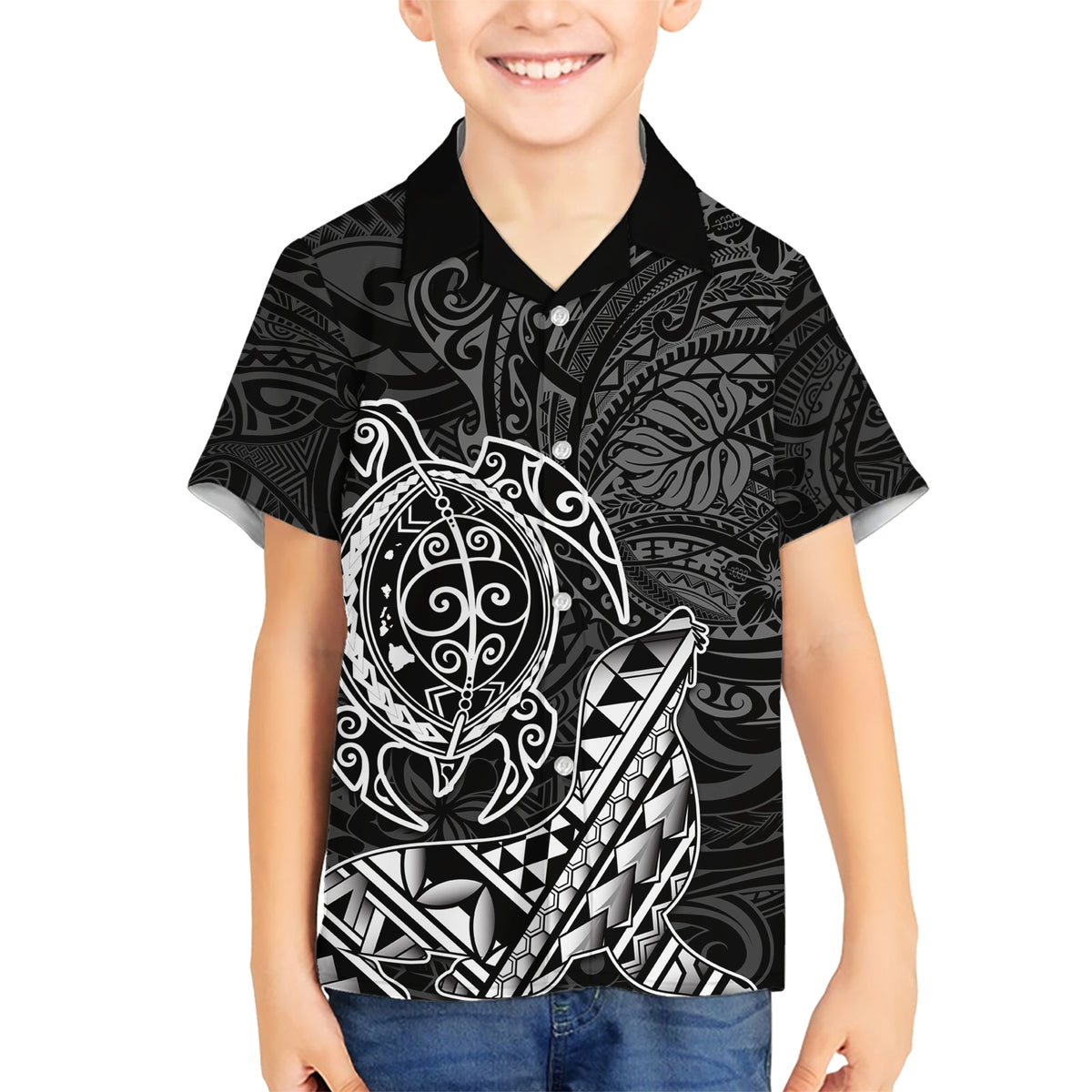Hawaii Monk Seal and Dolphin Kid Hawaiian Shirt Polynesian Kakau Pattern Black White Color