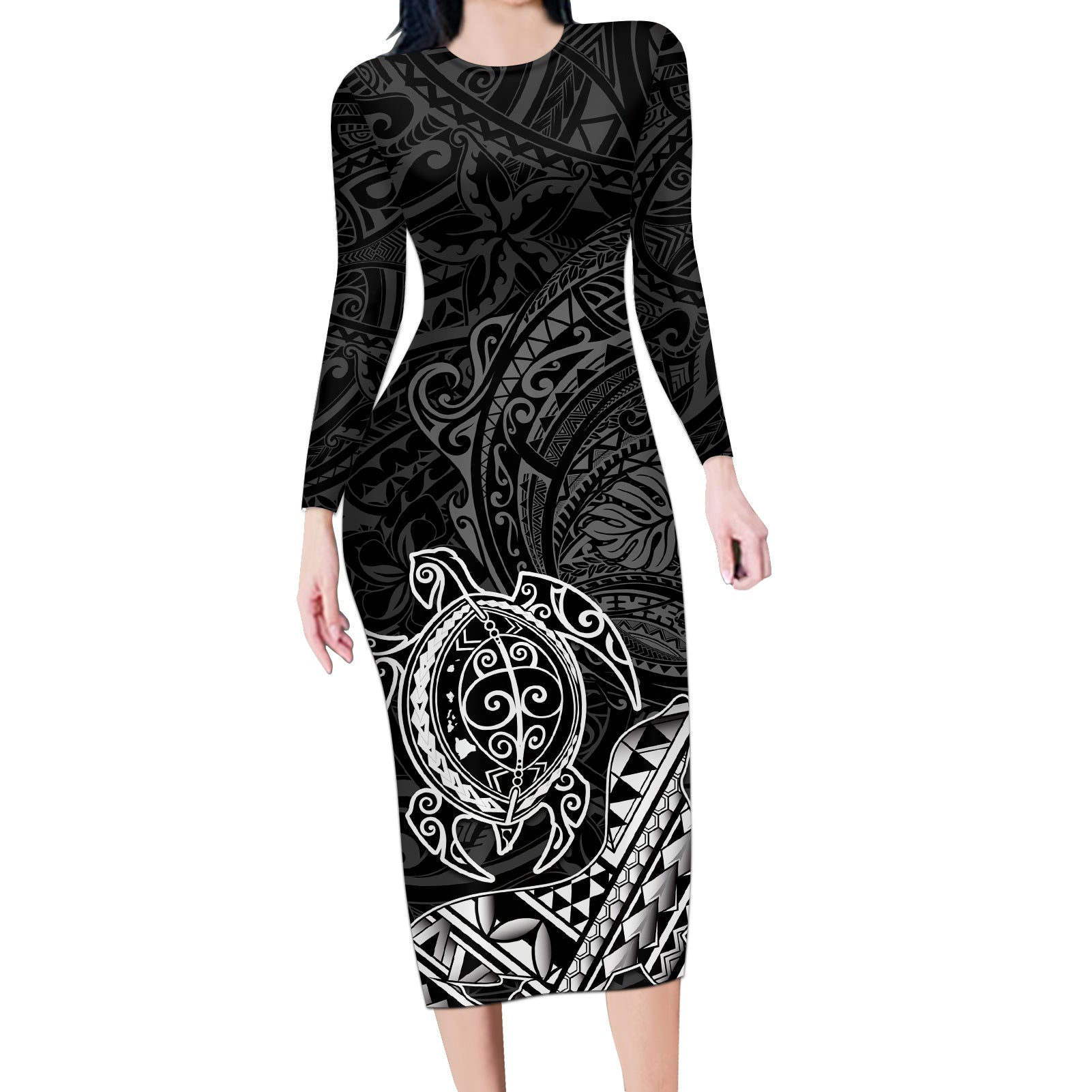 Hawaii Monk Seal and Dolphin Long Sleeve Bodycon Dress Polynesian Kakau Pattern Black White Color