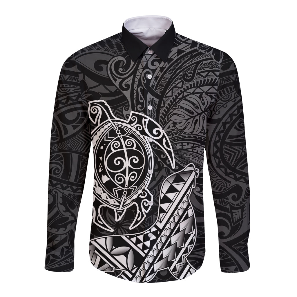 Hawaii Monk Seal and Dolphin Long Sleeve Button Shirt Polynesian Kakau Pattern Black White Color