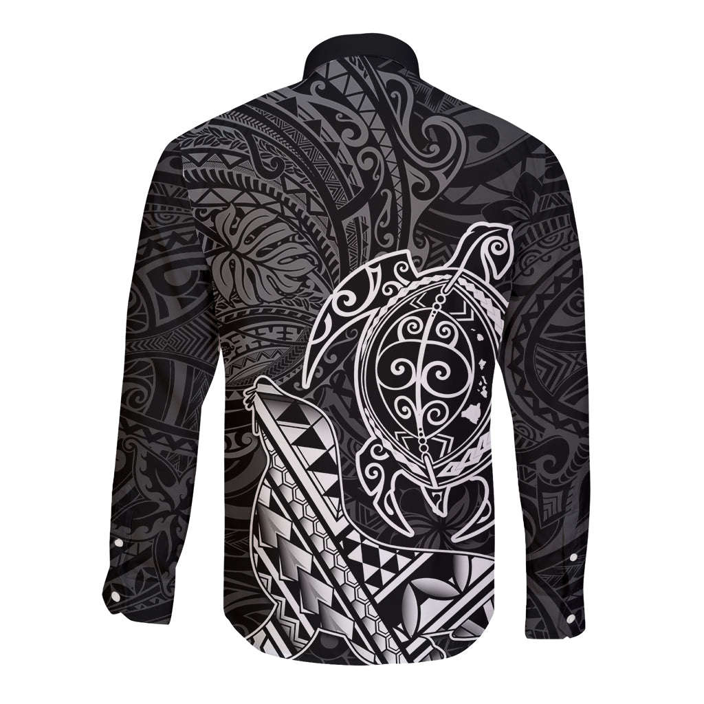Hawaii Monk Seal and Dolphin Long Sleeve Button Shirt Polynesian Kakau Pattern Black White Color