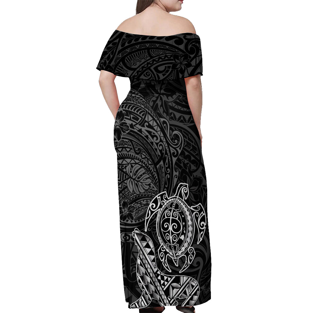 Hawaii Monk Seal and Dolphin Off Shoulder Maxi Dress Polynesian Kakau Pattern Black White Color