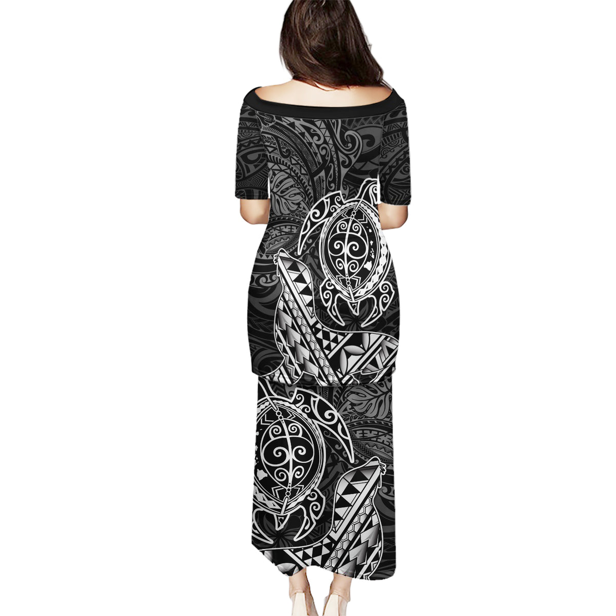 Hawaii Monk Seal and Dolphin Puletasi Polynesian Kakau Pattern Black White Color