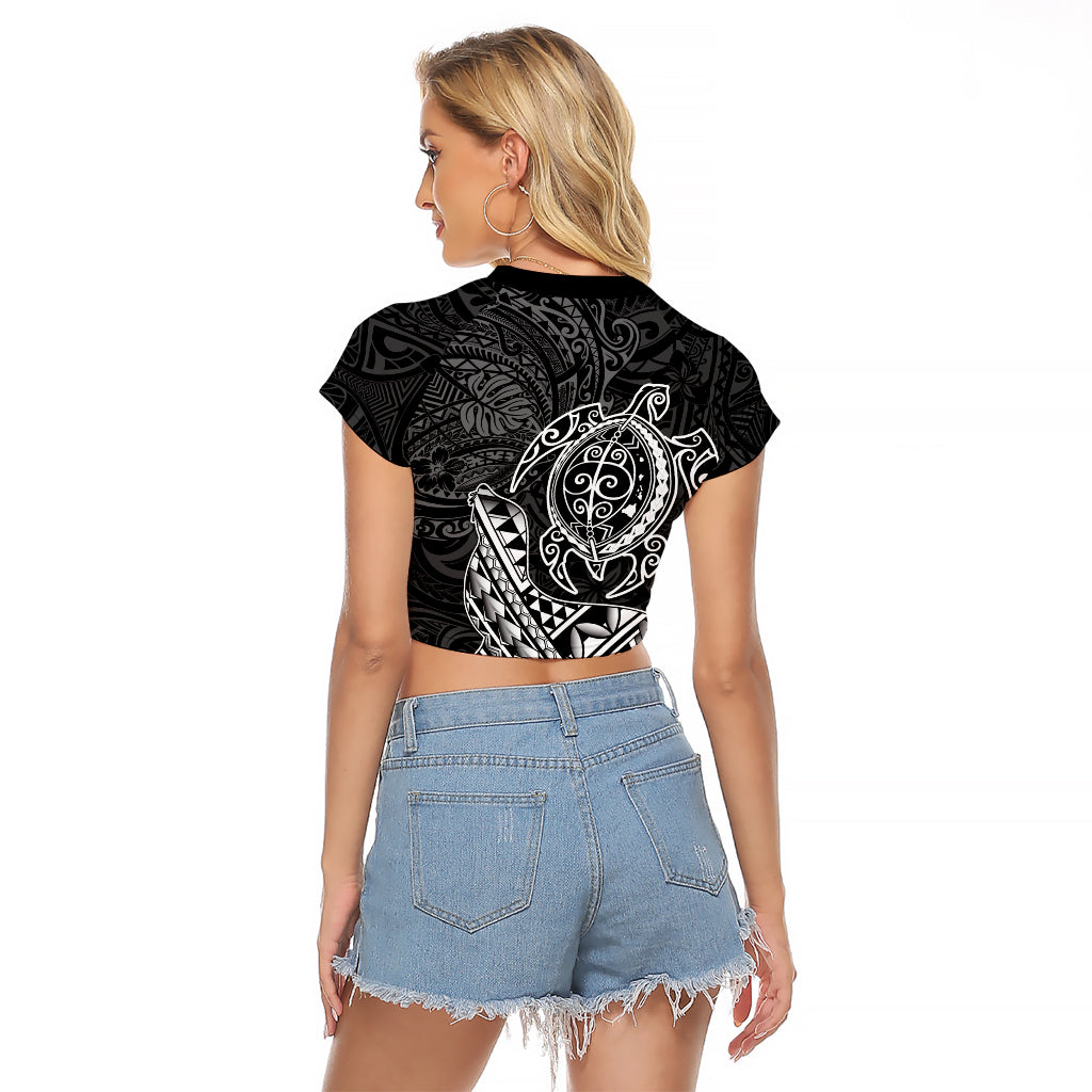Hawaii Monk Seal and Dolphin Raglan Cropped T Shirt Polynesian Kakau Pattern Black White Color
