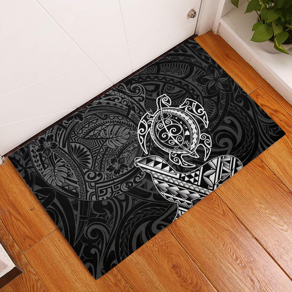 Hawaii Monk Seal and Dolphin Rubber Doormat Polynesian Kakau Pattern Black White Color