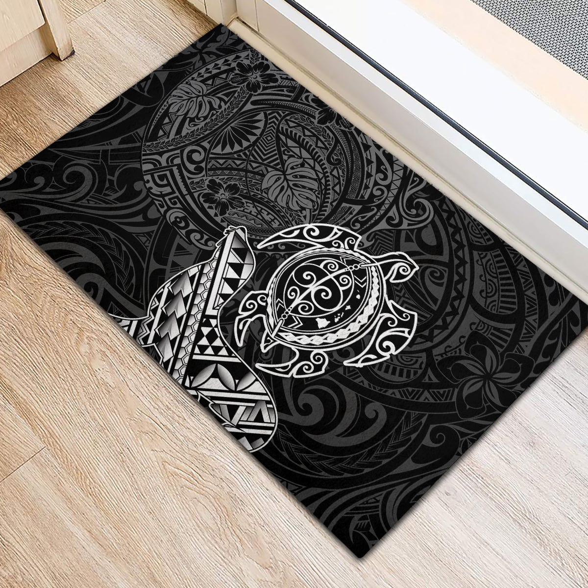 Hawaii Monk Seal and Dolphin Rubber Doormat Polynesian Kakau Pattern Black White Color