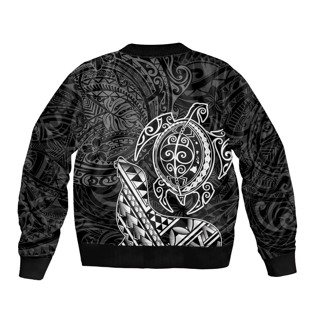 Hawaii Monk Seal and Dolphin Sleeve Zip Bomber Jacket Polynesian Kakau Pattern Black White Color