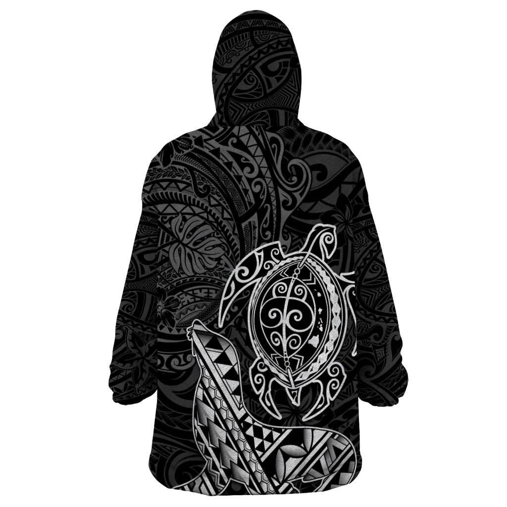 Hawaii Monk Seal and Dolphin Wearable Blanket Hoodie Polynesian Kakau Pattern Black White Color