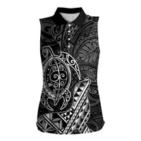 Hawaii Monk Seal and Dolphin Women Sleeveless Polo Shirt Polynesian Kakau Pattern Black White Color