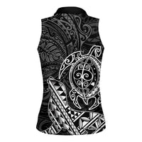 Hawaii Monk Seal and Dolphin Women Sleeveless Polo Shirt Polynesian Kakau Pattern Black White Color