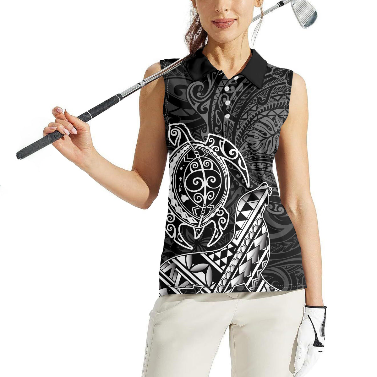 Hawaii Monk Seal and Dolphin Women Sleeveless Polo Shirt Polynesian Kakau Pattern Black White Color