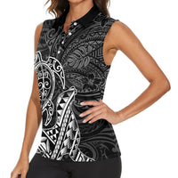 Hawaii Monk Seal and Dolphin Women Sleeveless Polo Shirt Polynesian Kakau Pattern Black White Color