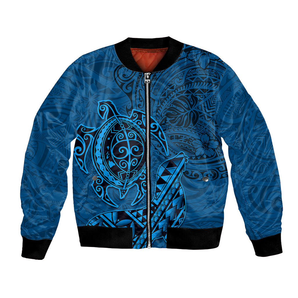 Hawaii Monk Seal and Dolphin Bomber Jacket Polynesian Kakau Pattern Blue