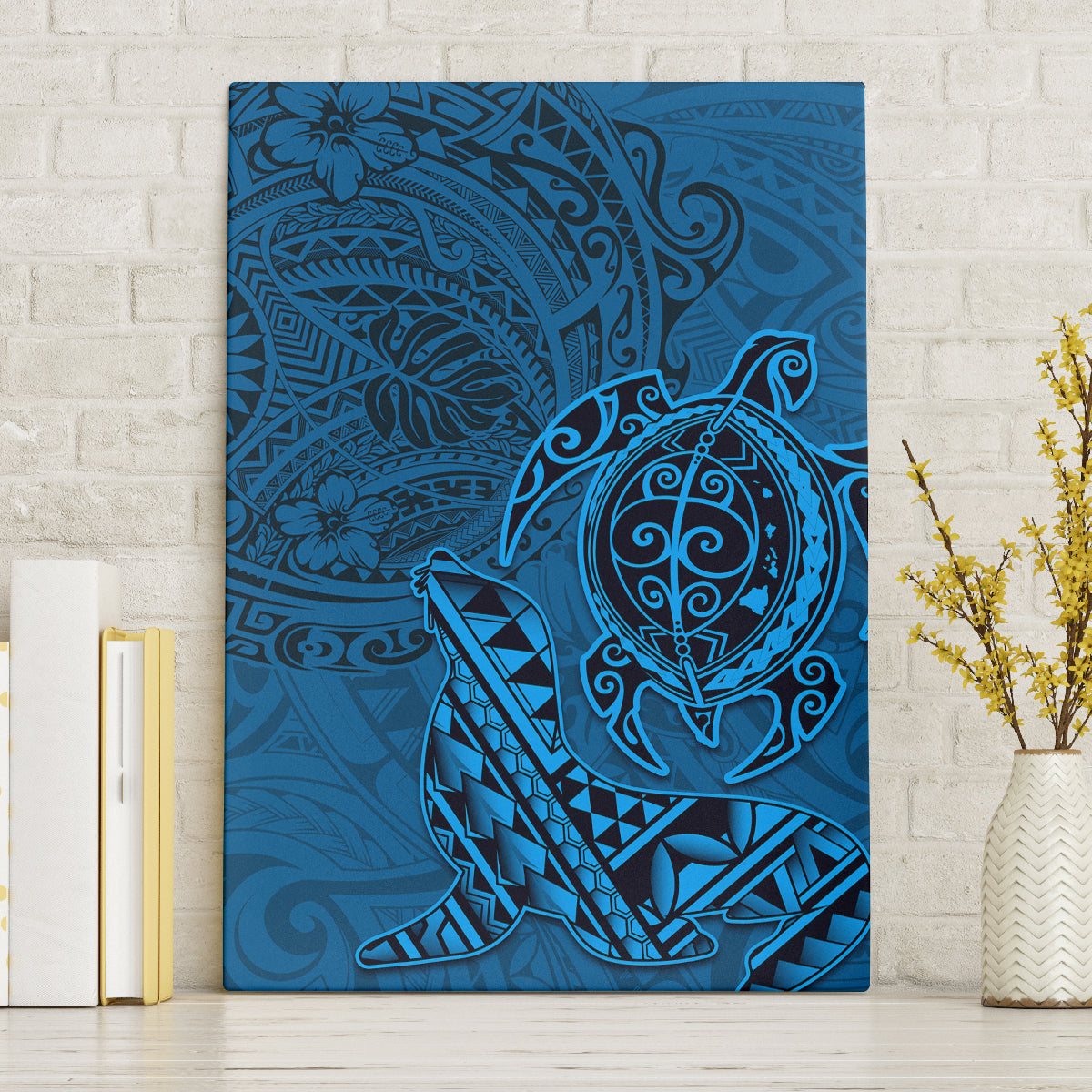 Hawaii Monk Seal and Dolphin Canvas Wall Art Polynesian Kakau Pattern Blue
