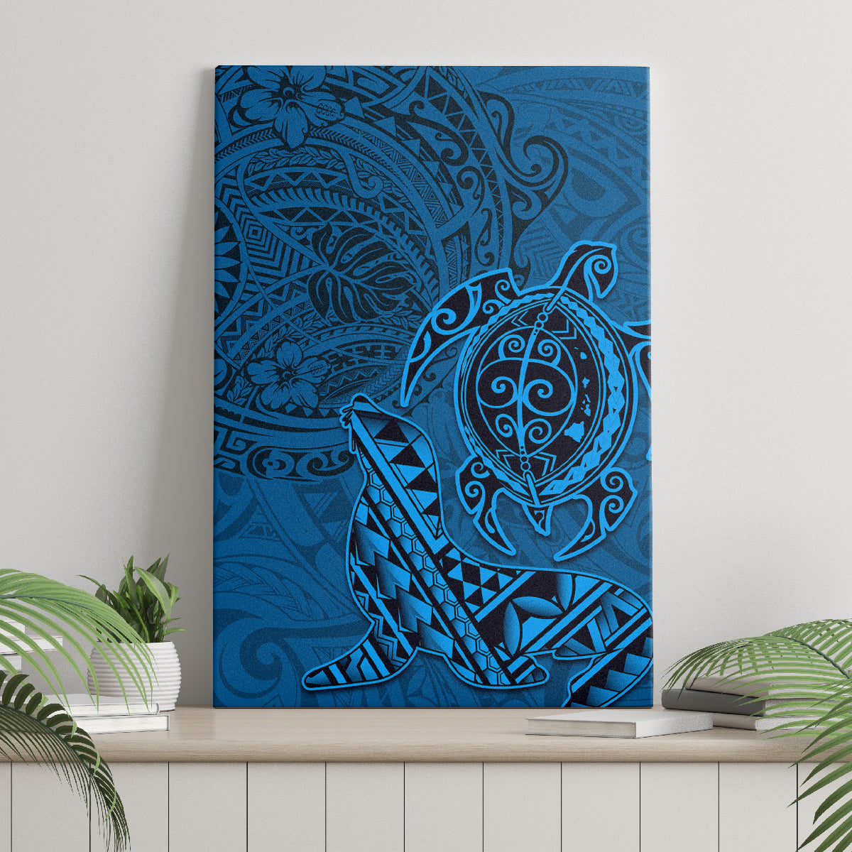 Hawaii Monk Seal and Dolphin Canvas Wall Art Polynesian Kakau Pattern Blue