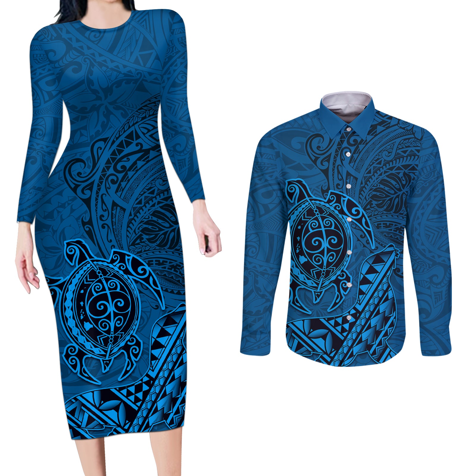 Hawaii Monk Seal and Dolphin Couples Matching Long Sleeve Bodycon Dress and Long Sleeve Button Shirt Polynesian Kakau Pattern Blue