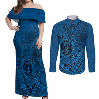 Hawaii Monk Seal and Dolphin Couples Matching Off Shoulder Maxi Dress and Long Sleeve Button Shirt Polynesian Kakau Pattern Blue